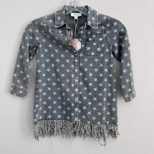 ODDI Kids Star Print Denim Dress Small Fringe Hem Button Front NWT
